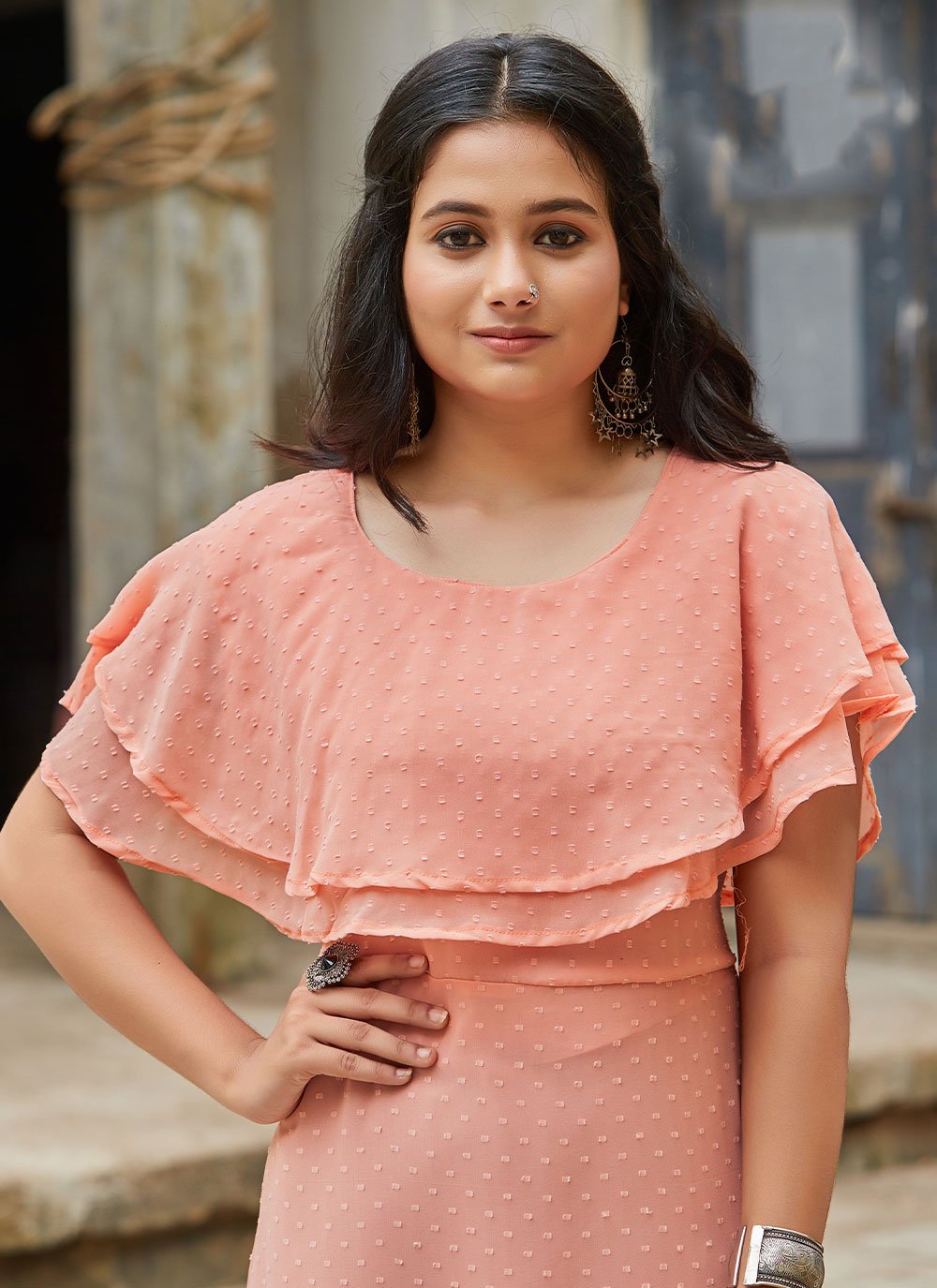 Casual Kurti Georgette Peach Ruffle Kurtis