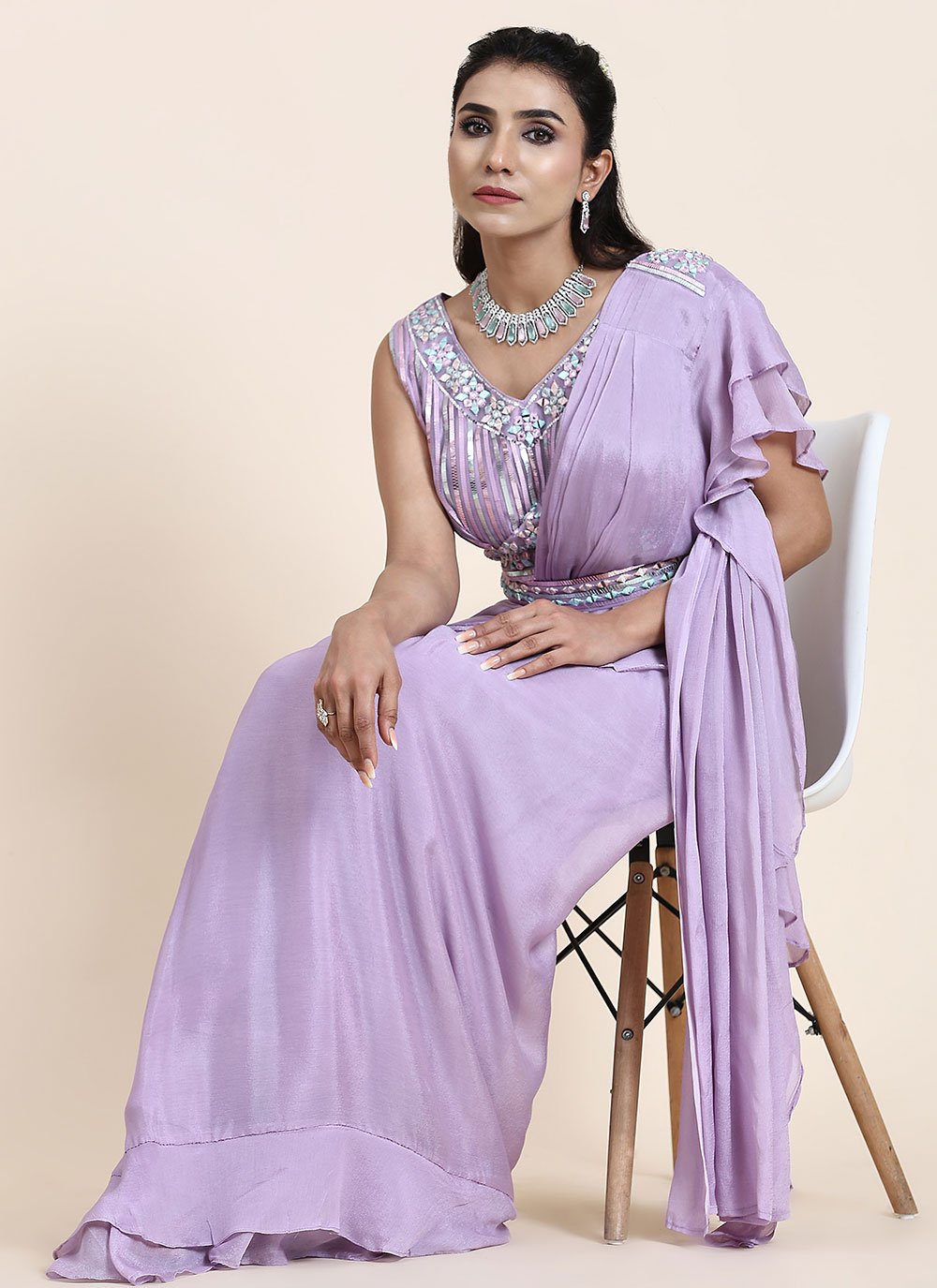 Designer Chiffon Lavender Mirror Saree