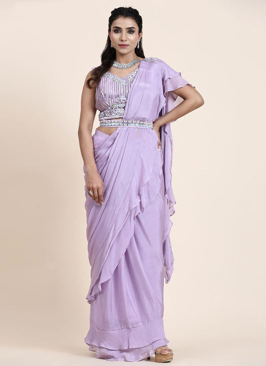 Designer Chiffon Lavender Mirror Saree