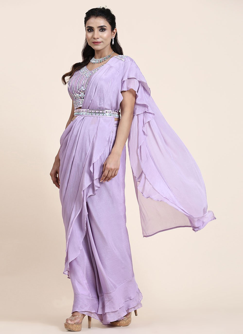 Designer Chiffon Lavender Mirror Saree