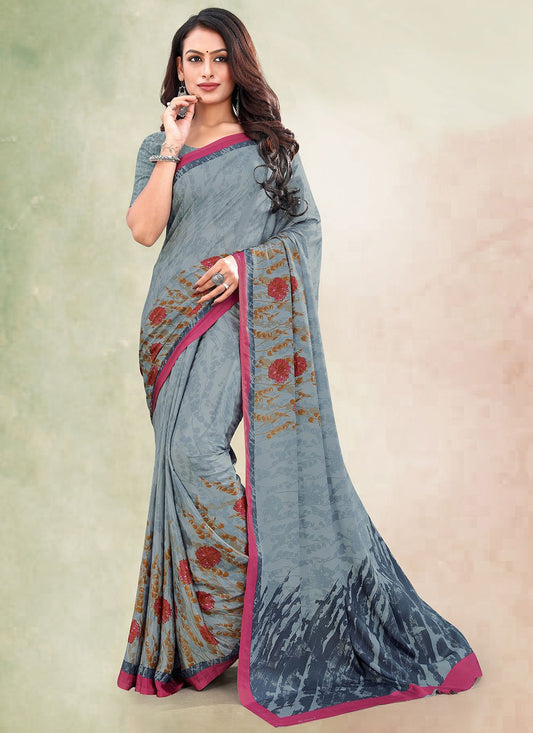 Ruffle Saree Faux Crepe Aqua Blue Print Saree