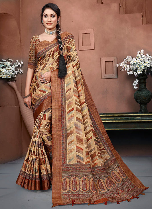 Classic Banarasi Silk Rust Digital Print Saree