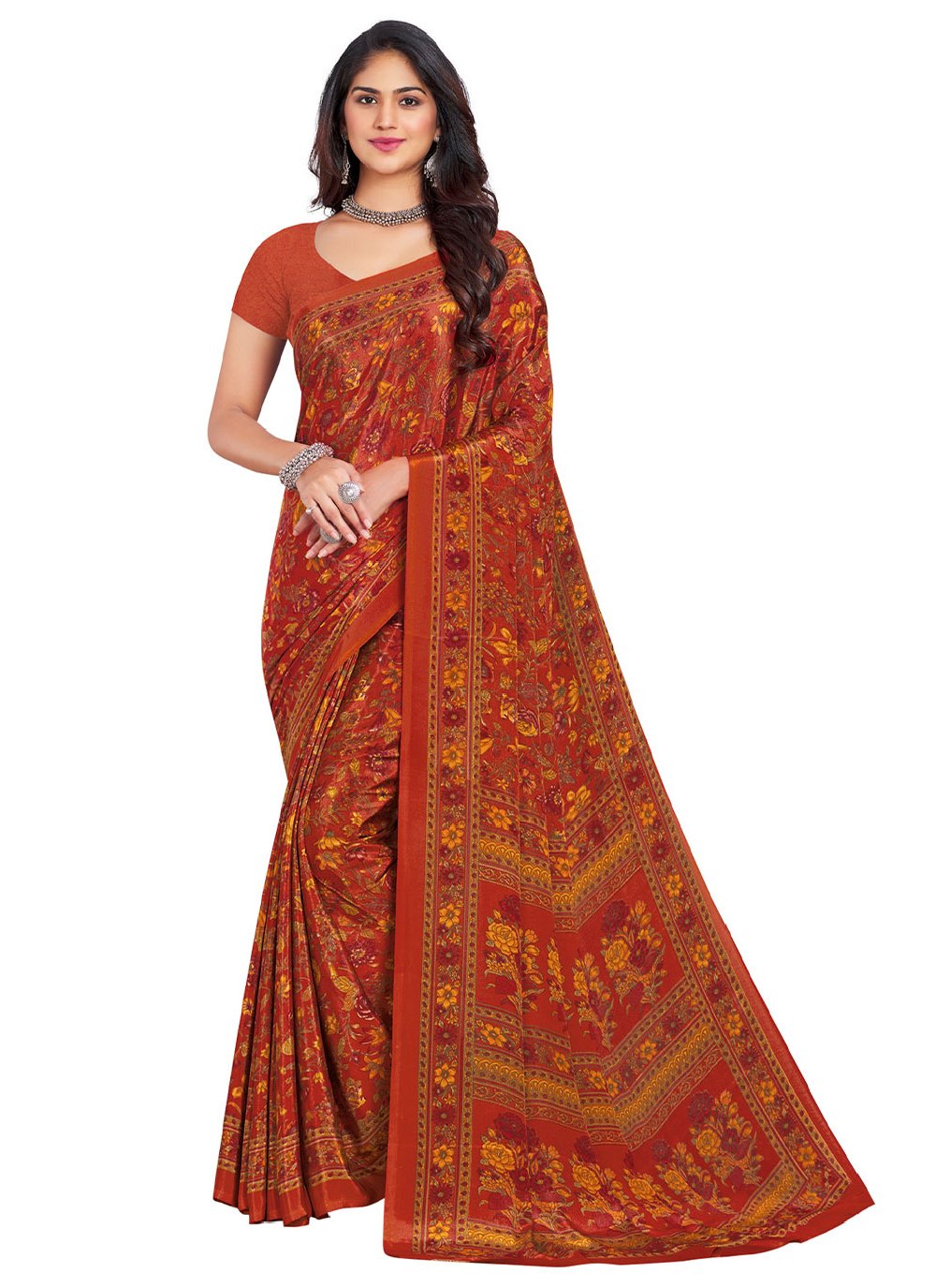 Contemporary Faux Crepe Rust Print Saree