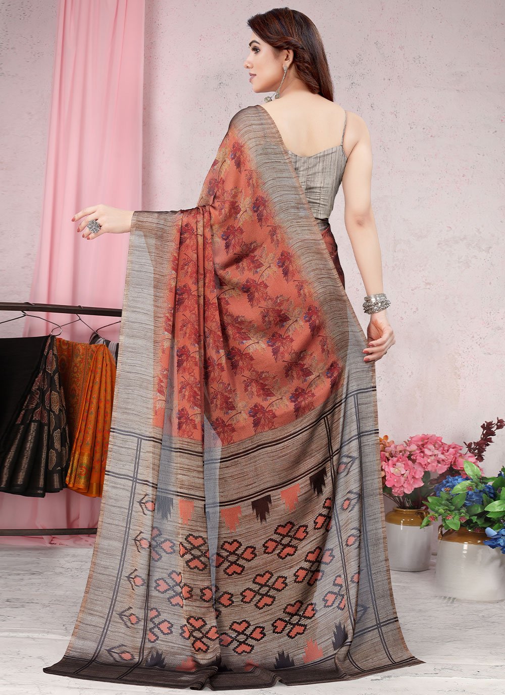 Classic Chiffon Rust Floral Patch Saree