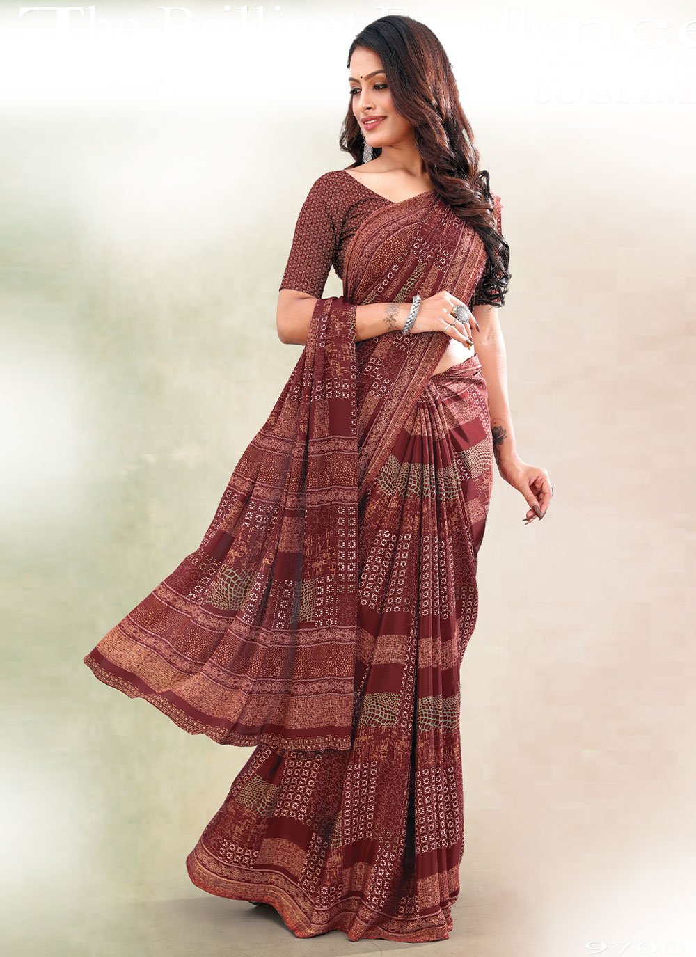 Classic Faux Crepe Rust Print Saree