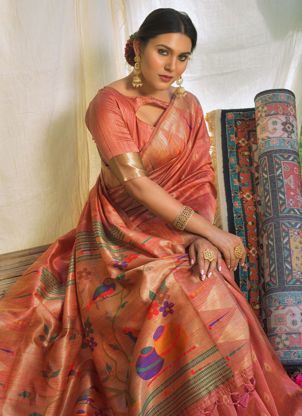 Contemporary Silk Rust Woven Saree
