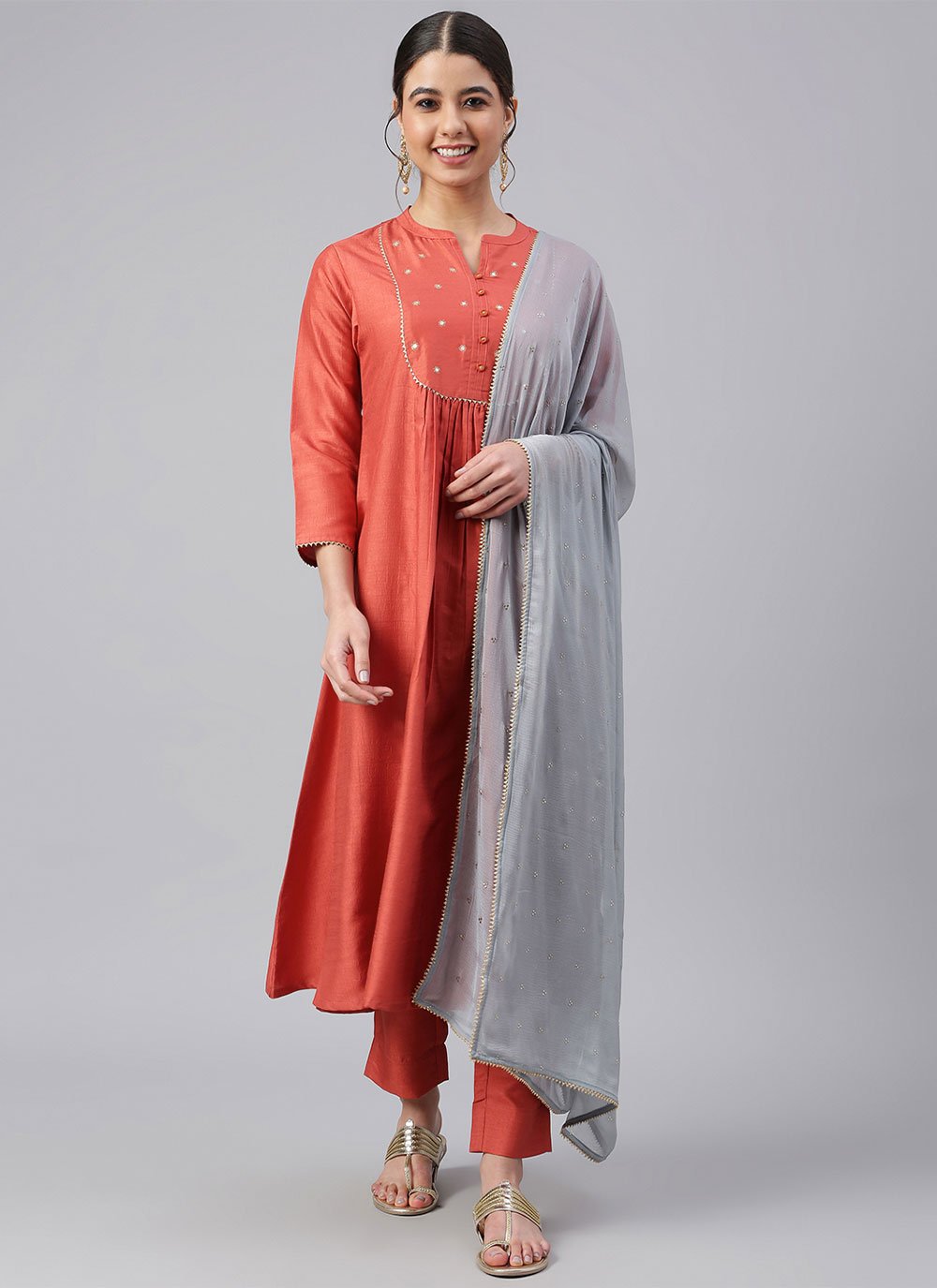 Pant Style Suit Pure Dola Silk Rust Sequins Salwar Kameez