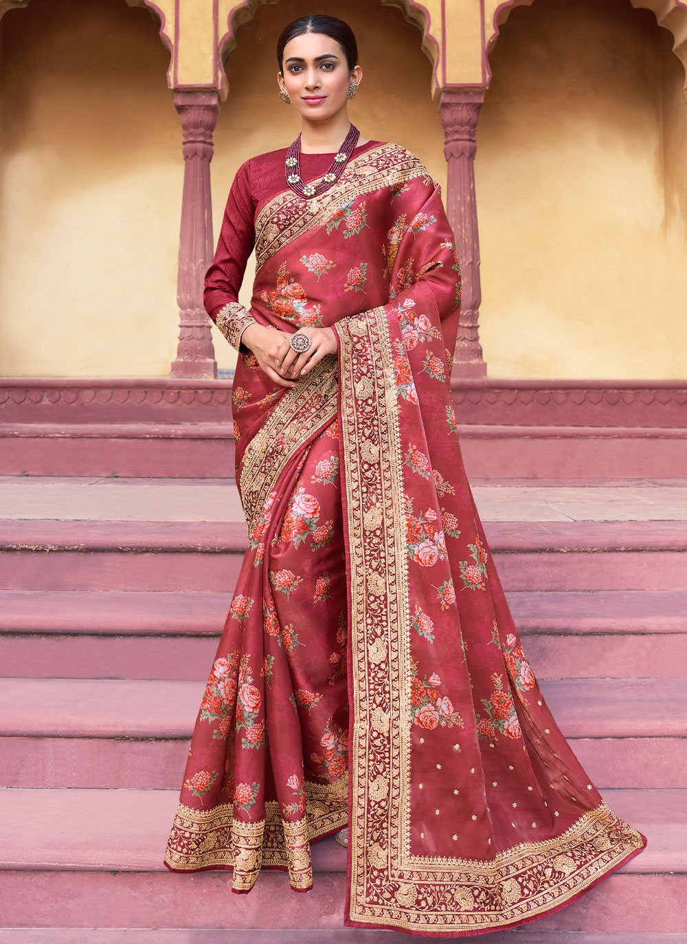 Classic Silk Rust Digital Print Saree