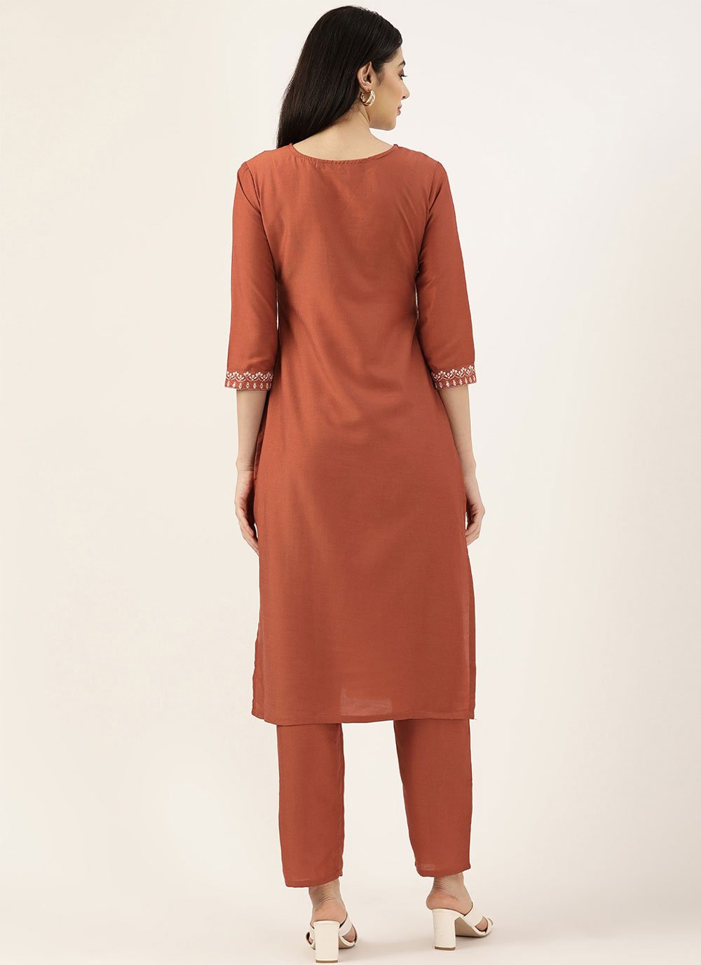 Casual Kurti Cotton Polyester Rust Embroidered Kurtis