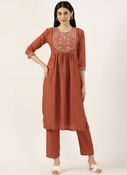 Casual Kurti Cotton Polyester Rust Embroidered Kurtis