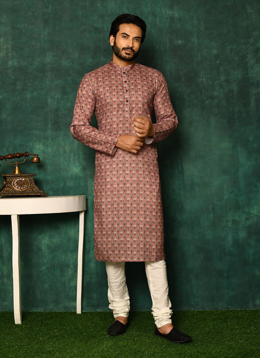 Kurta Pyjama Cotton Rust Print Mens