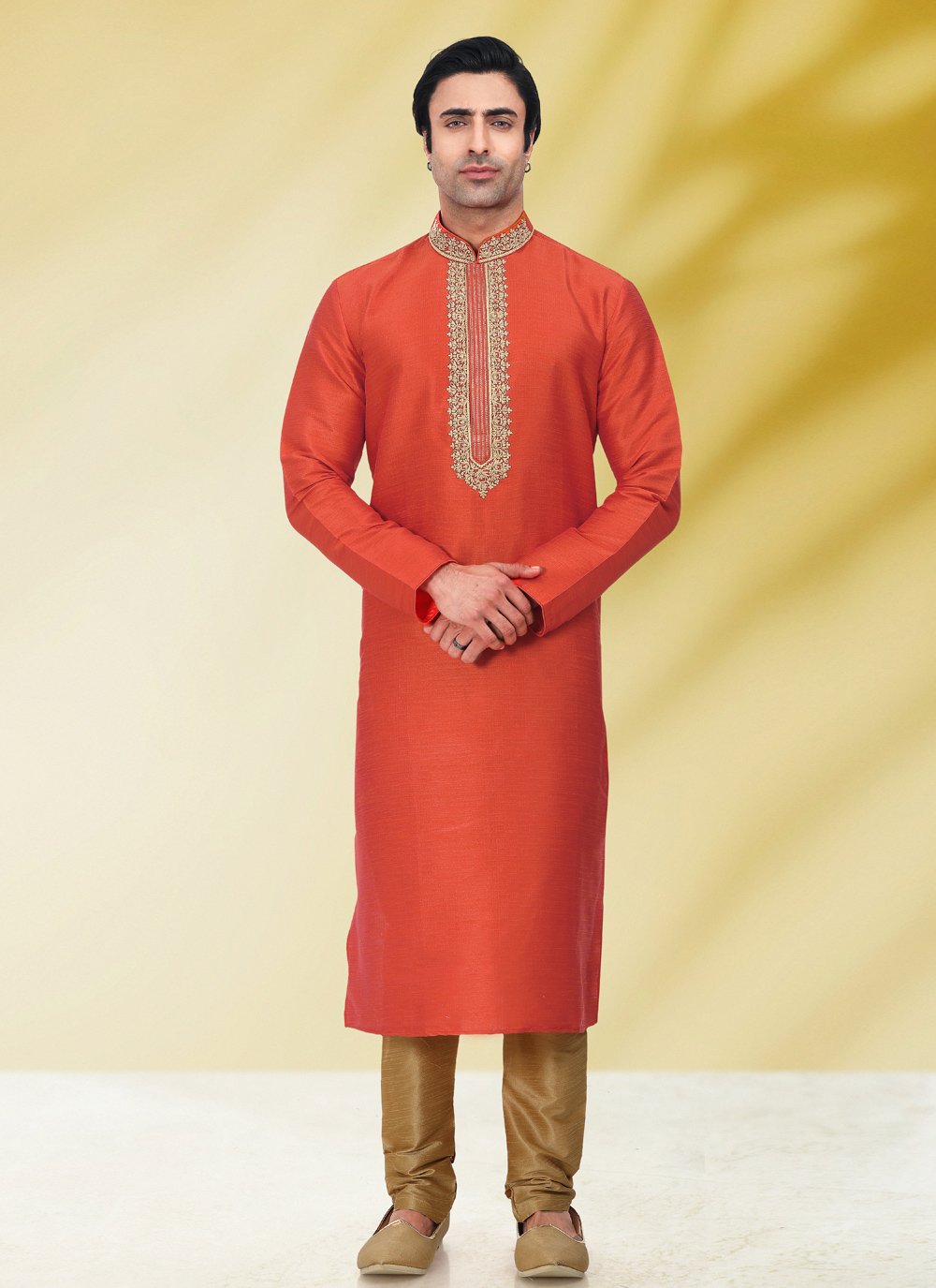 Kurta Pyjama Art Banarasi Silk Rust Embroidered Mens