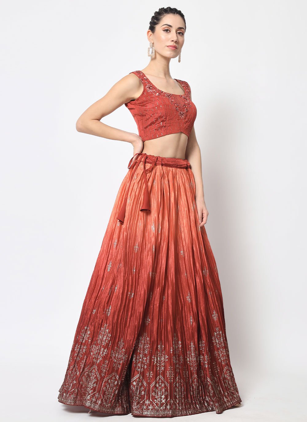 Lehenga Choli Chinon Silk Rust Embroidered Lehenga Choli