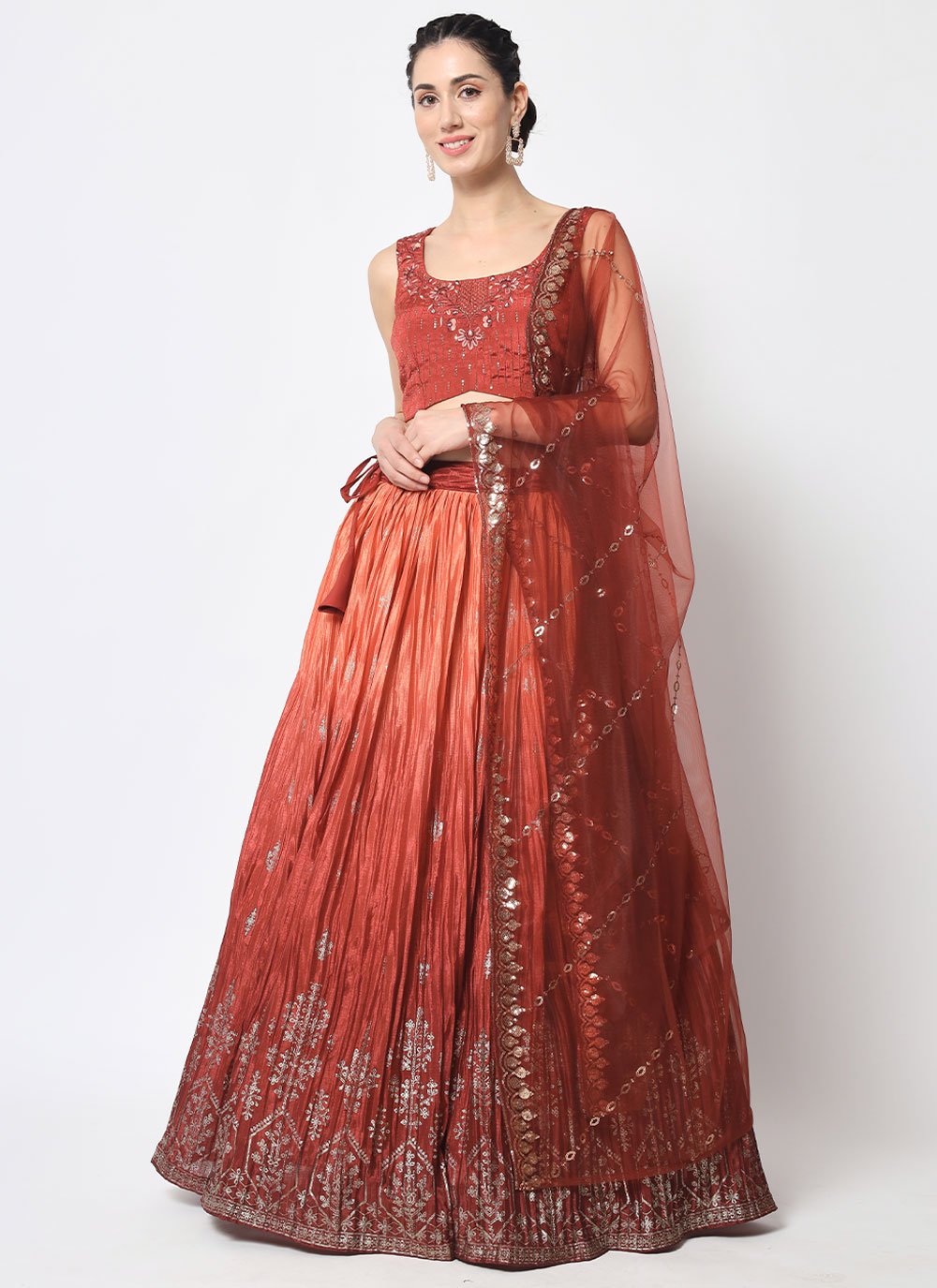 Lehenga Choli Chinon Silk Rust Embroidered Lehenga Choli