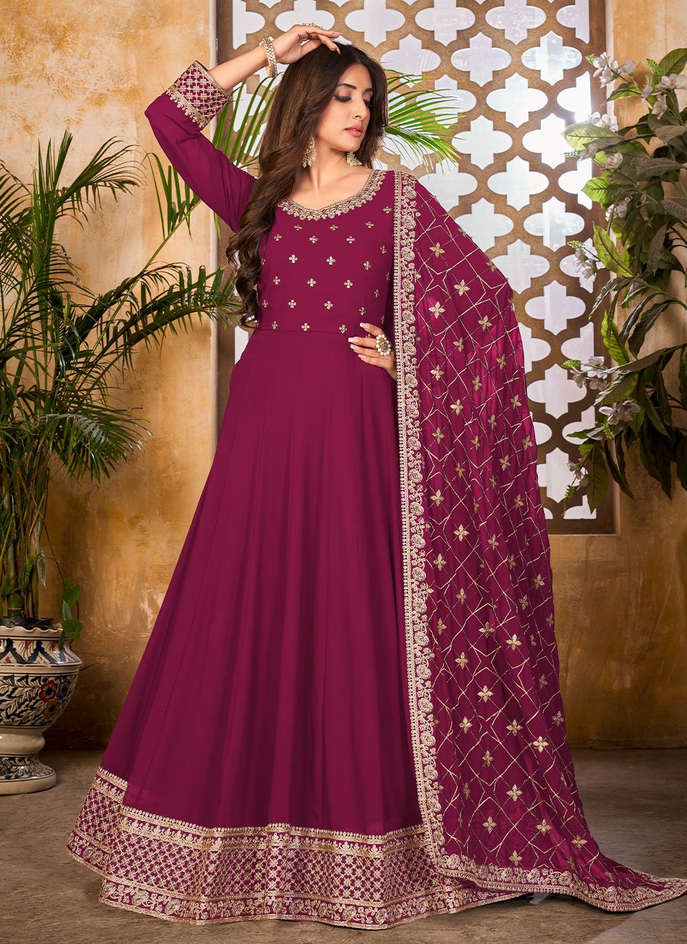 Salwar Suit Faux Georgette Rust Embroidered Salwar Kameez