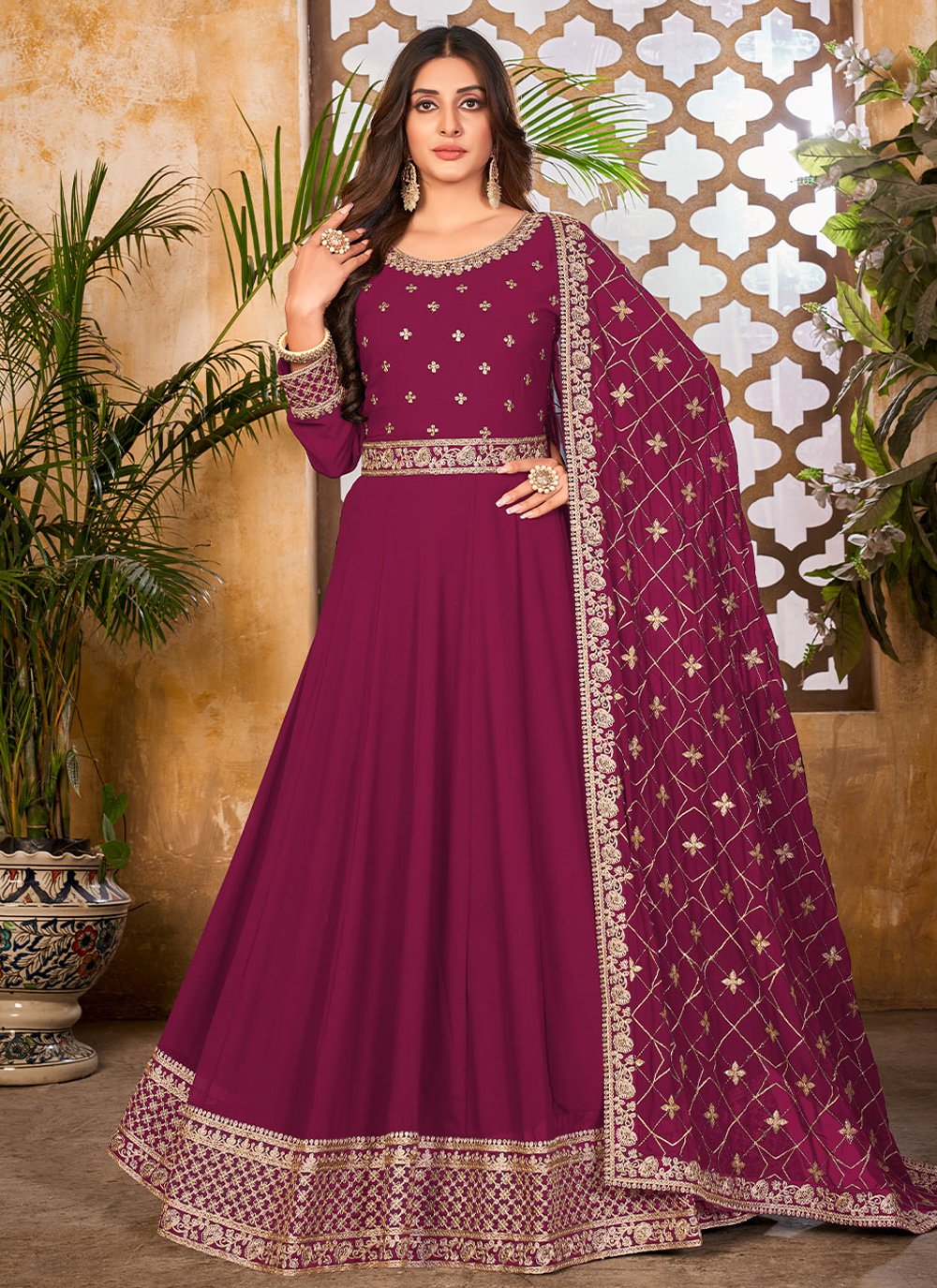 Salwar Suit Faux Georgette Rust Embroidered Salwar Kameez