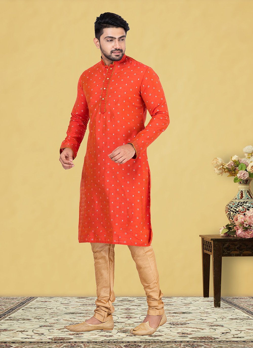 Kurta Pyjama Cotton Rust Fancy Work Mens