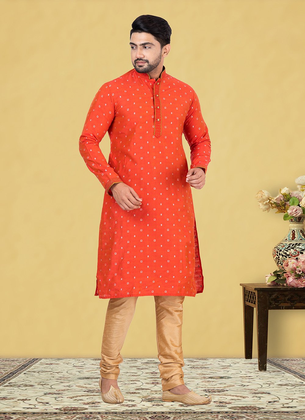 Kurta Pyjama Cotton Rust Fancy Work Mens