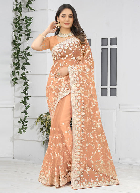 Classic Net Rust Embroidered Saree