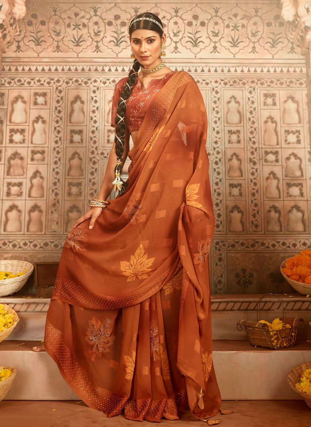 Contemporary Georgette Rust Stone Saree