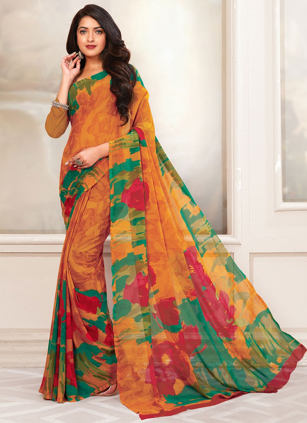 Contemporary Georgette Rust Print Saree