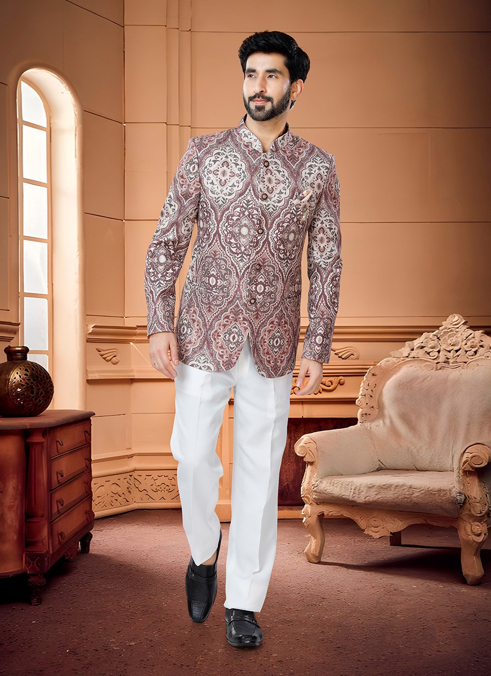 Jodhpuri Suit Jacquard Rust Print Mens
