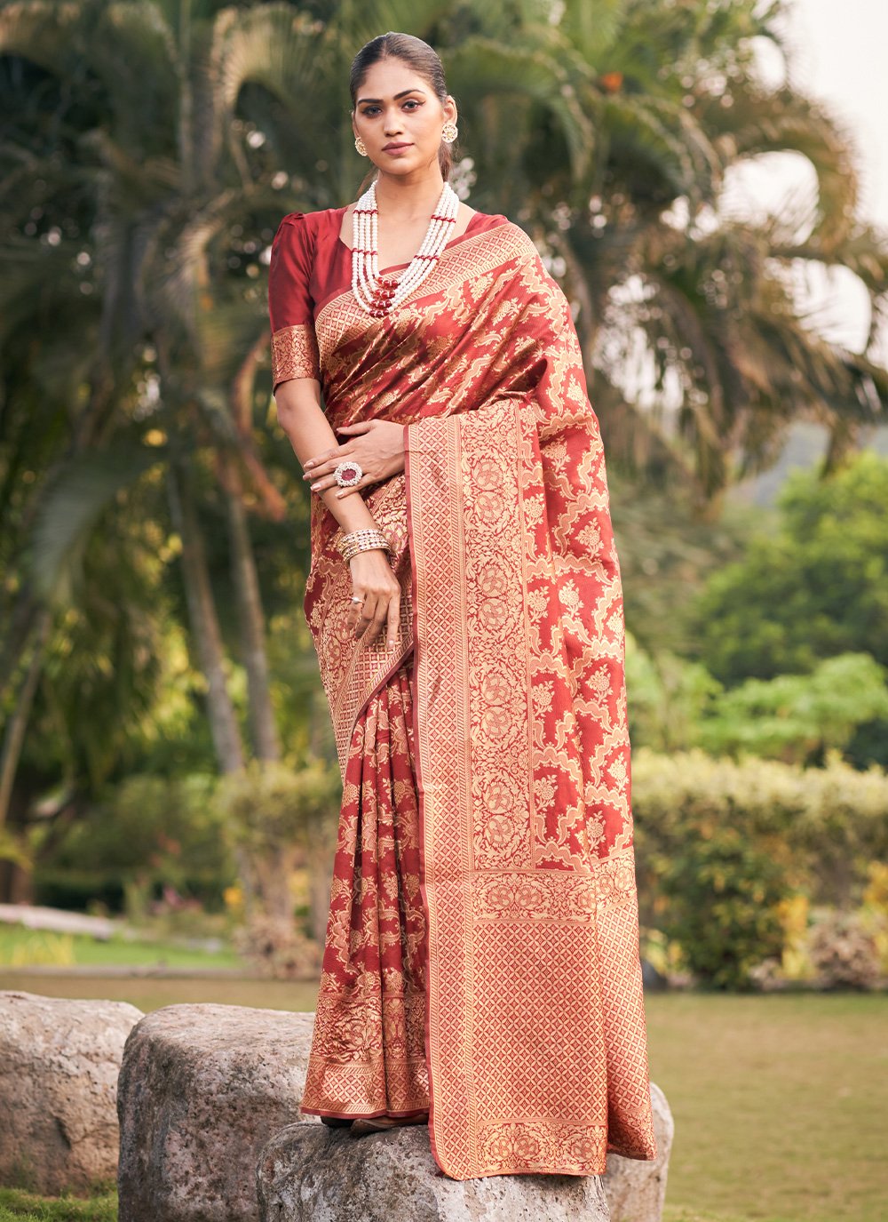 Traditional Saree Jacquard Silk Rust Zari Saree