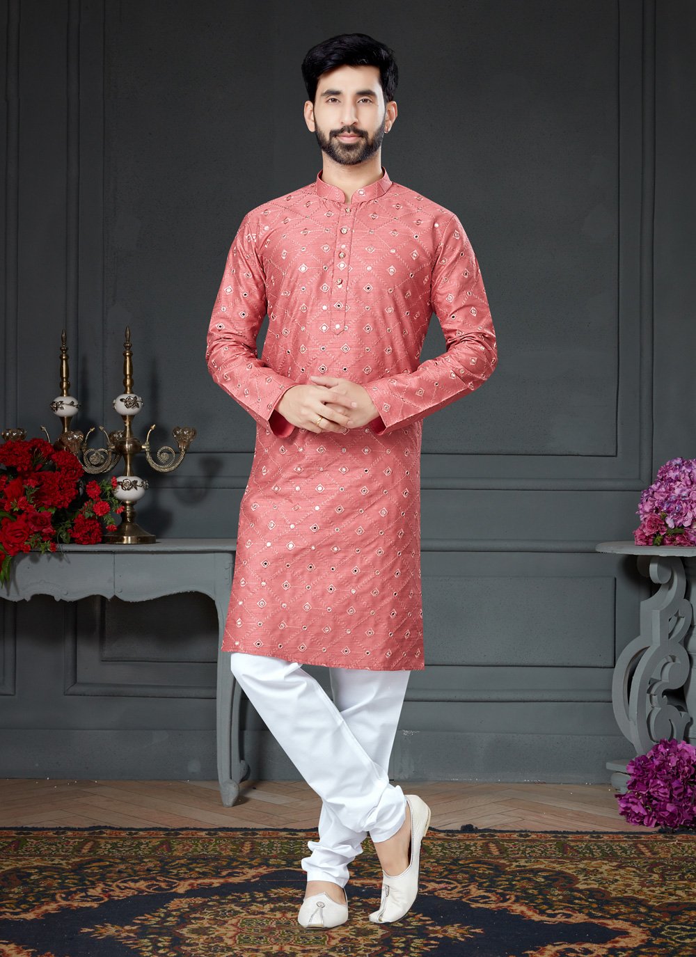 Kurta Pyjama Art Silk Cotton Rust Embroidered Mens