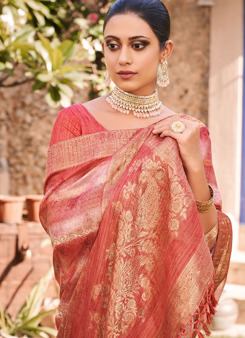 Contemporary Jacquard Silk Rust Print Saree