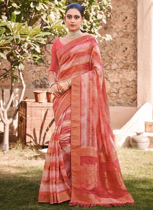 Contemporary Jacquard Silk Rust Print Saree