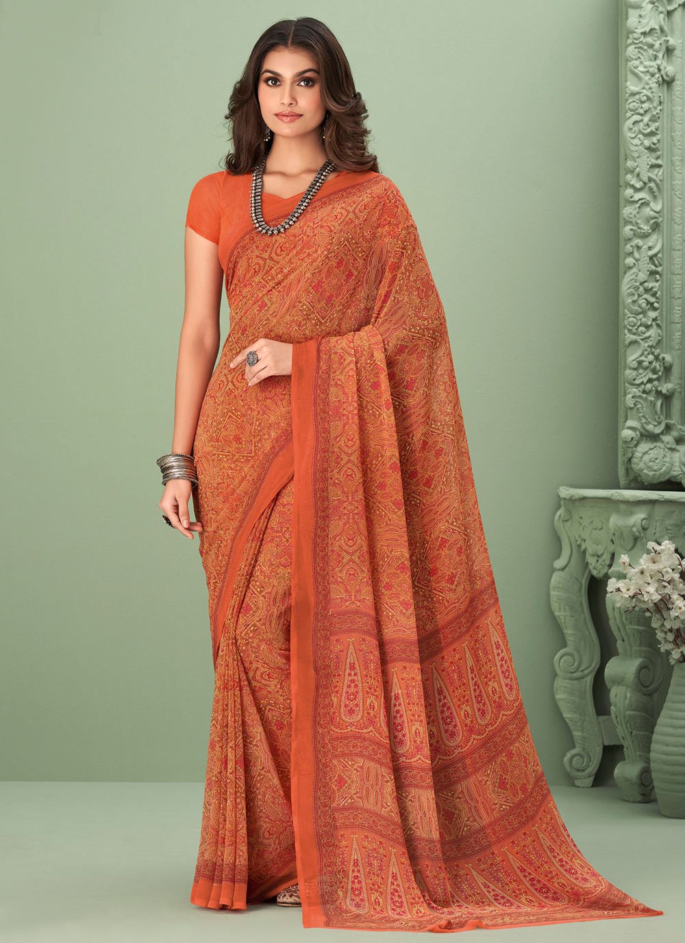 Classic Georgette Rust Print Saree