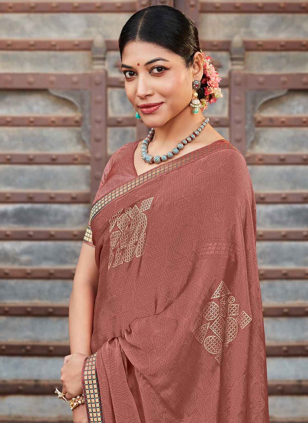 Contemporary Silk Rust Fancy Work Saree