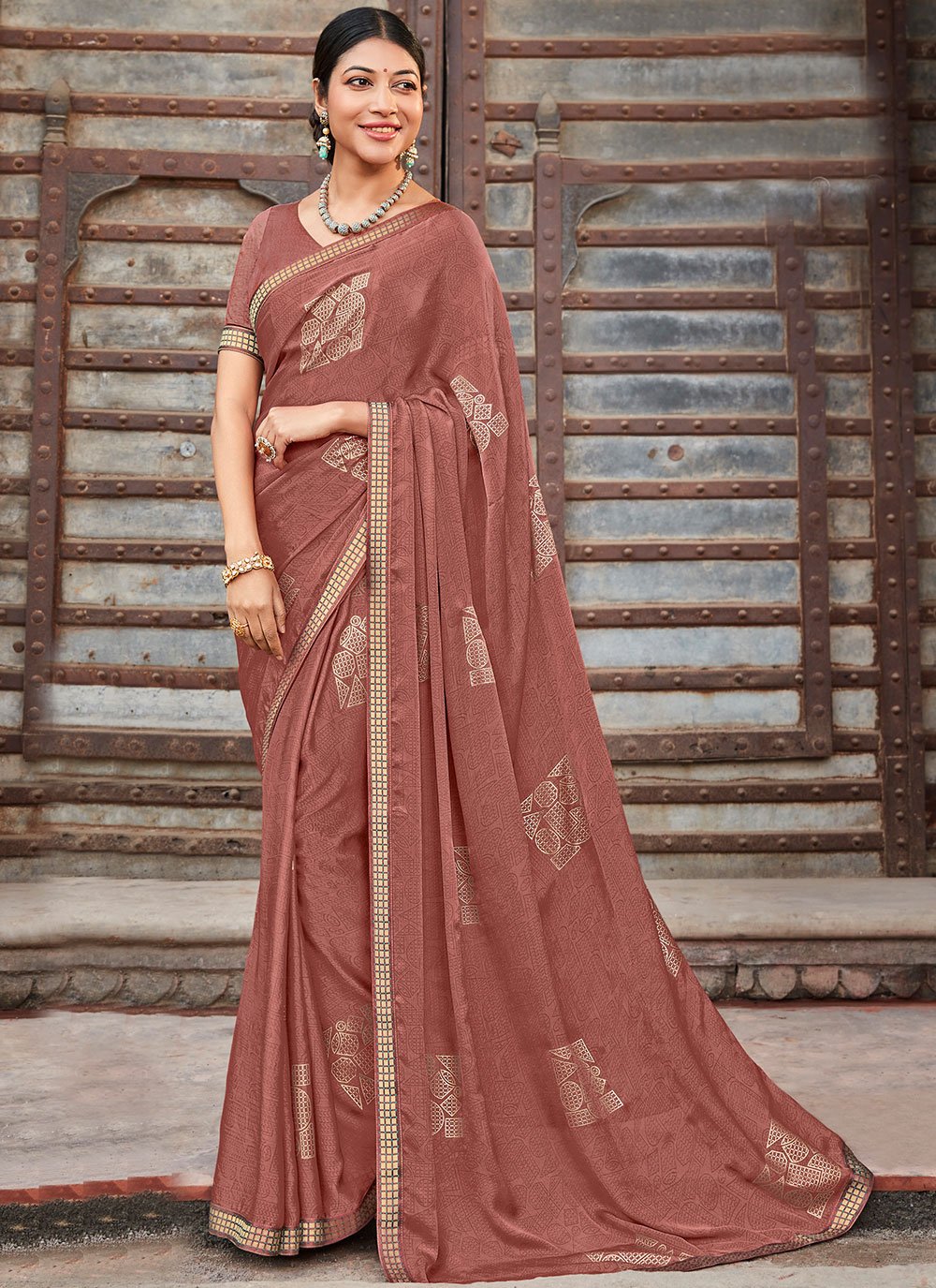 Contemporary Silk Rust Fancy Work Saree