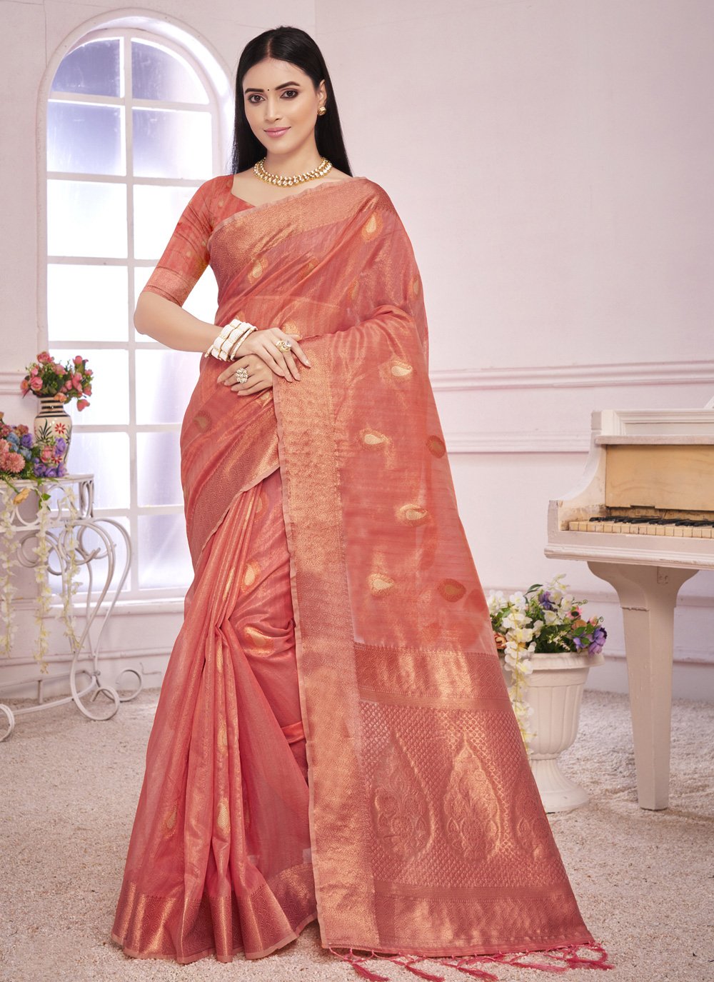 Designer Organza Rust Thread Saree