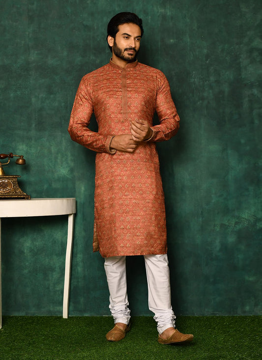 Kurta Pyjama Art Silk Rust Woven Mens