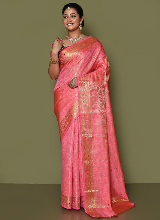 Classic Kanjivaram Silk Pink Weaving Saree