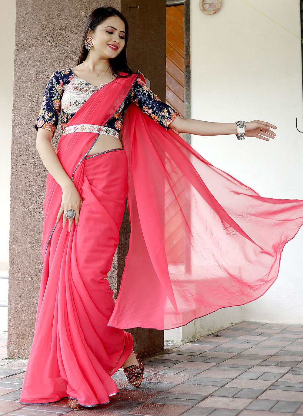 Classic Georgette Pink Embroidered Saree