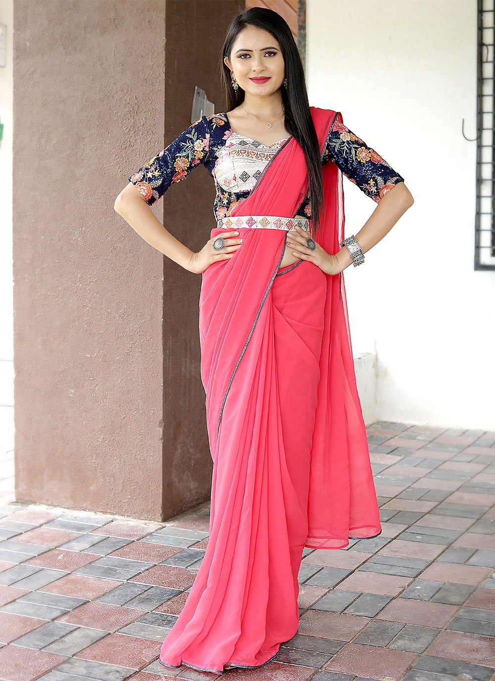 Classic Georgette Pink Embroidered Saree