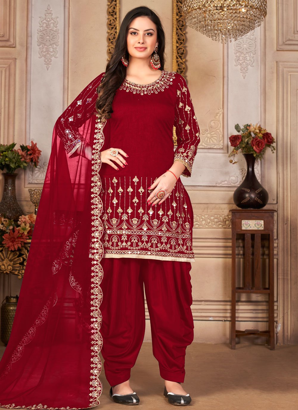 Salwar Suit Art Silk Maroon Embroidered Salwar Kameez