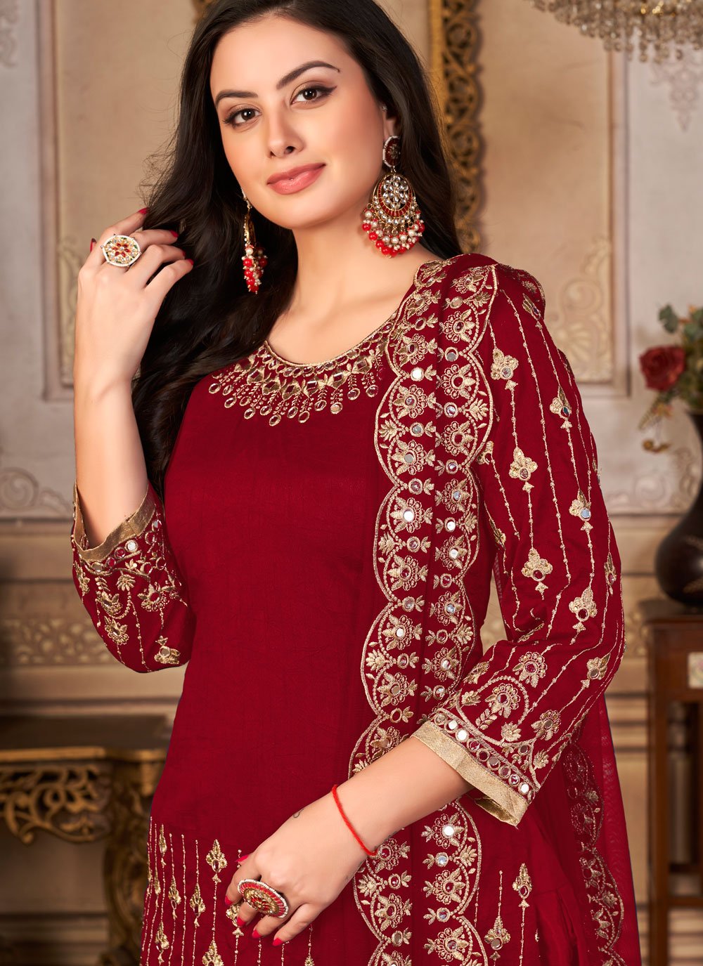 Salwar Suit Art Silk Maroon Embroidered Salwar Kameez