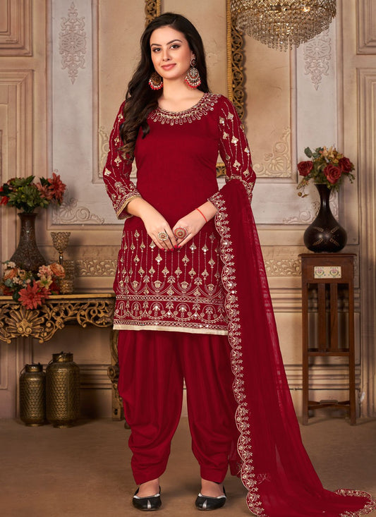 Salwar Suit Art Silk Maroon Embroidered Salwar Kameez