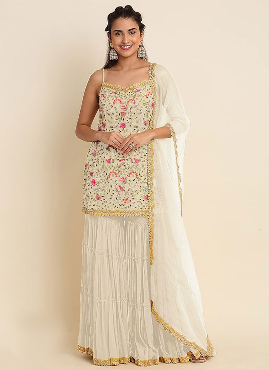 Salwar Suit Faux Georgette Off White Embroidered Salwar Kameez