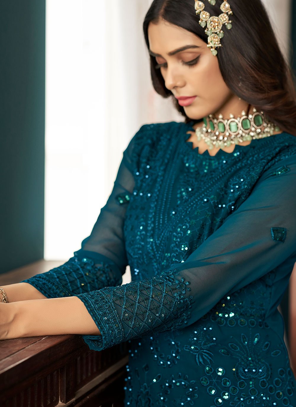 Salwar Suit Faux Georgette Teal Embroidered Salwar Kameez