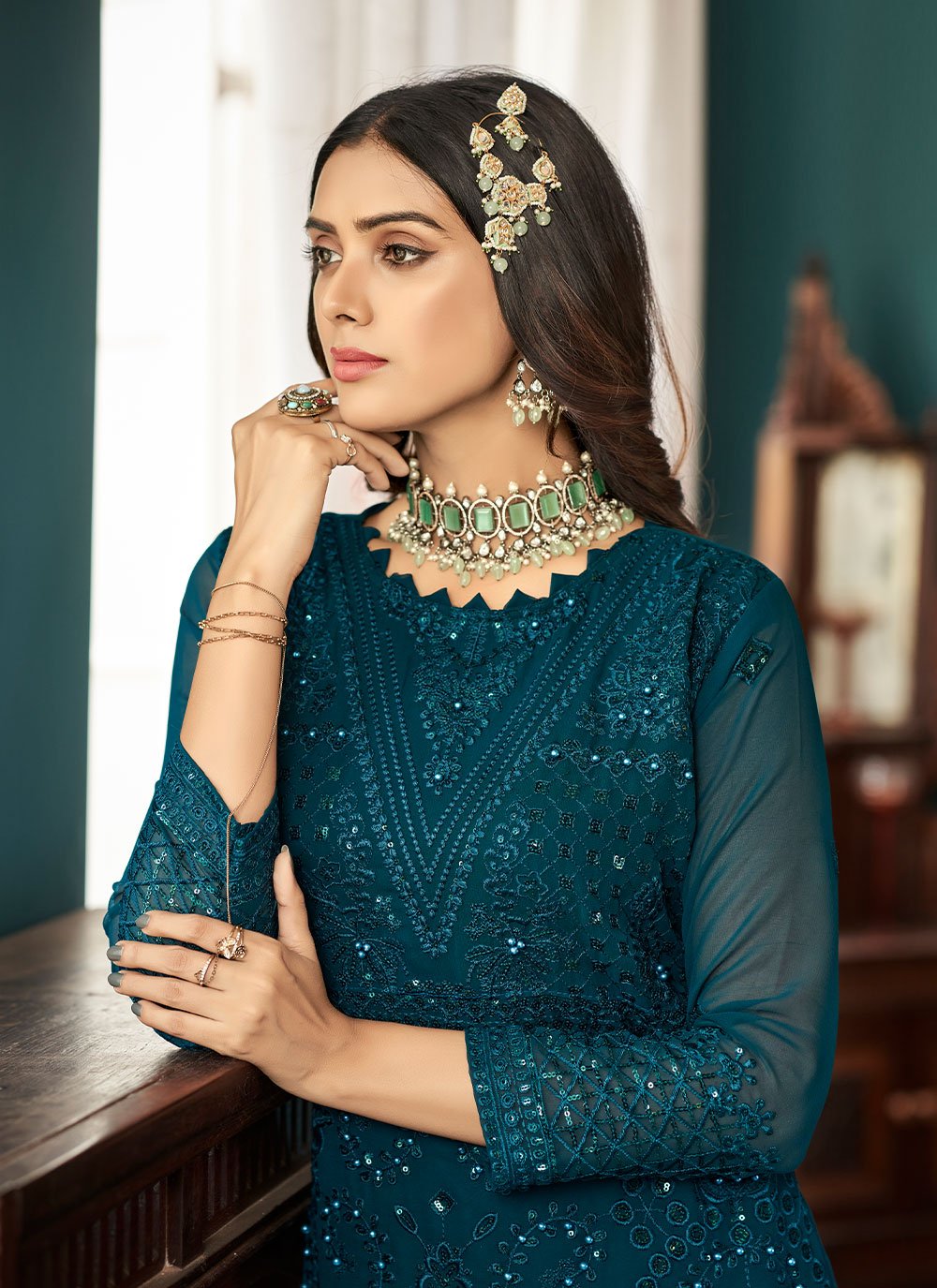 Salwar Suit Faux Georgette Teal Embroidered Salwar Kameez