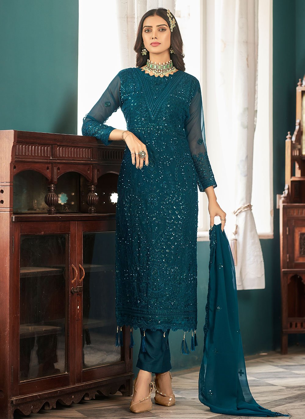 Salwar Suit Faux Georgette Teal Embroidered Salwar Kameez