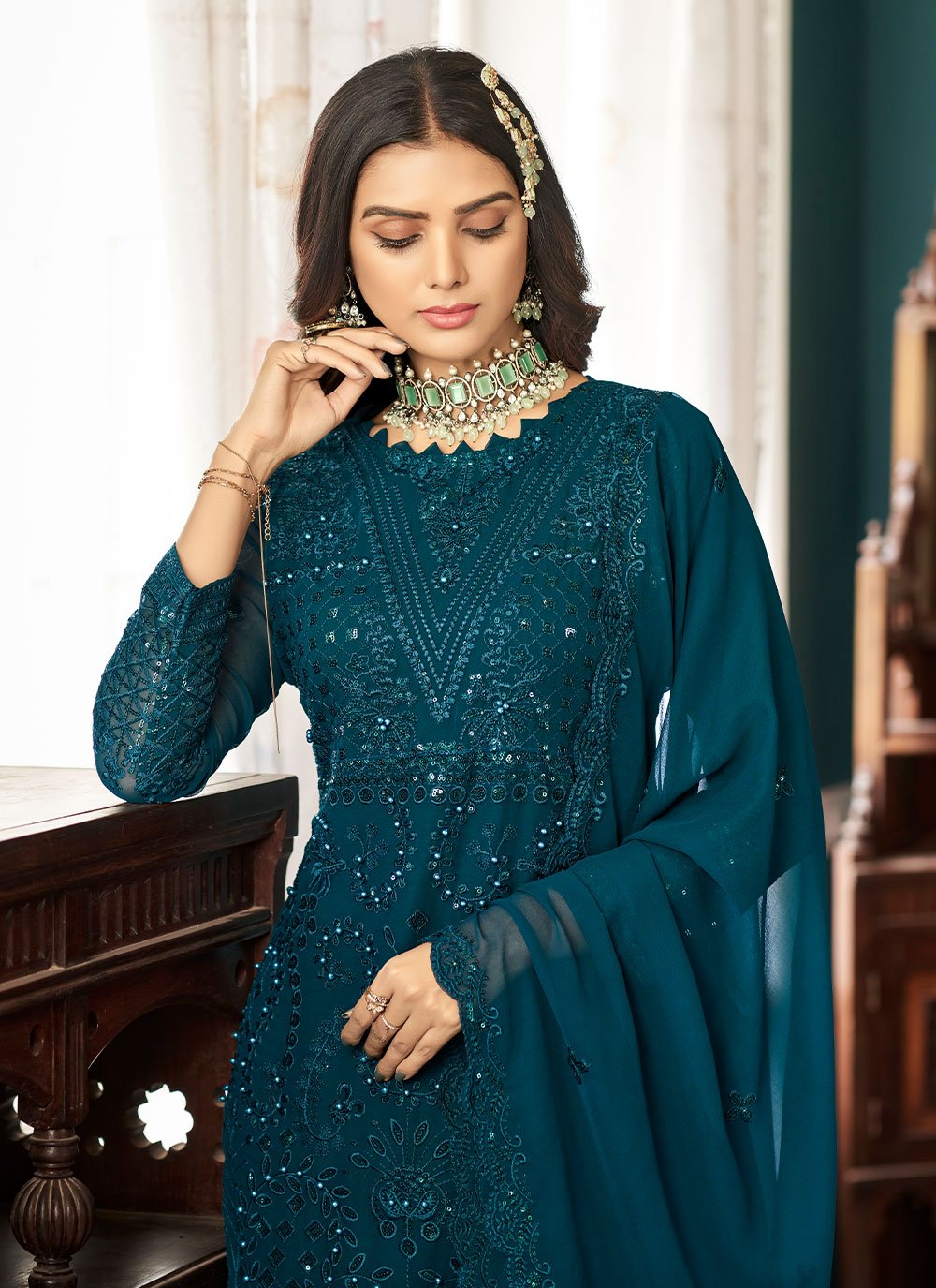 Salwar Suit Faux Georgette Teal Embroidered Salwar Kameez