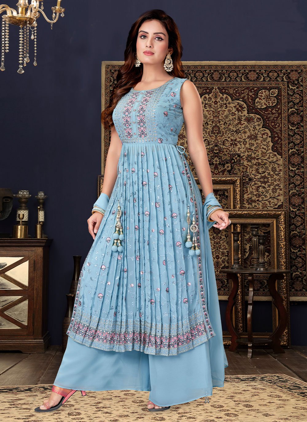 Salwar Suit Georgette Aqua Blue Embroidered Salwar Kameez