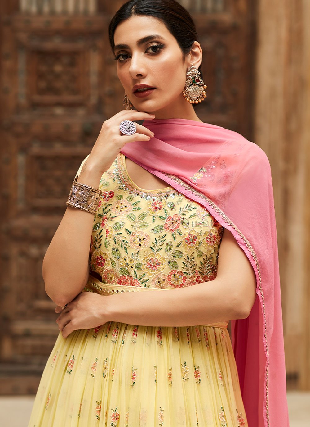Salwar Suit Georgette Yellow Embroidered Salwar Kameez
