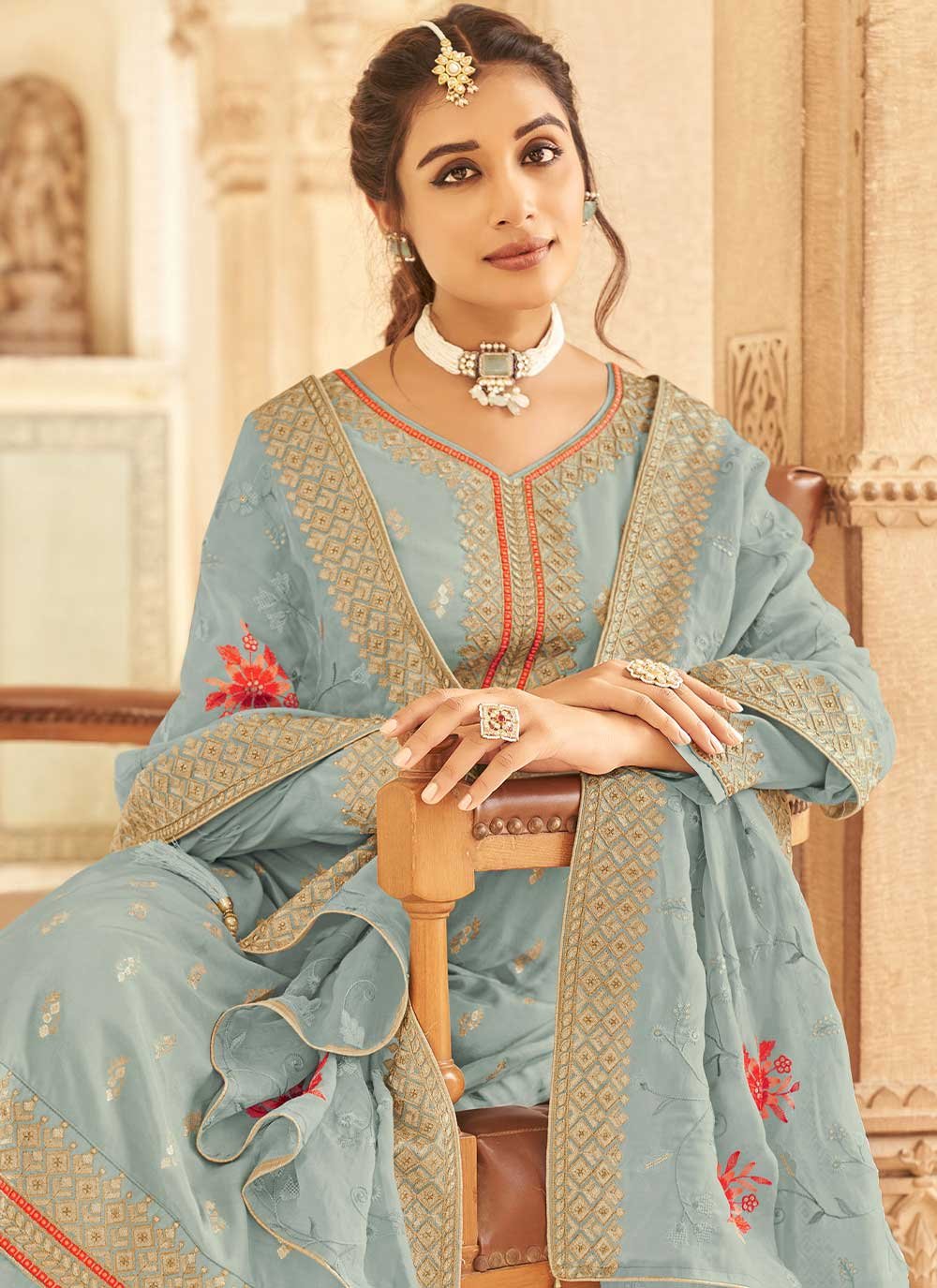 Salwar Suit Jacquard Pure Dola Aqua Blue Embroidered Salwar Kameez