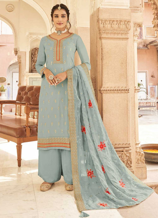 Salwar Suit Jacquard Pure Dola Aqua Blue Embroidered Salwar Kameez